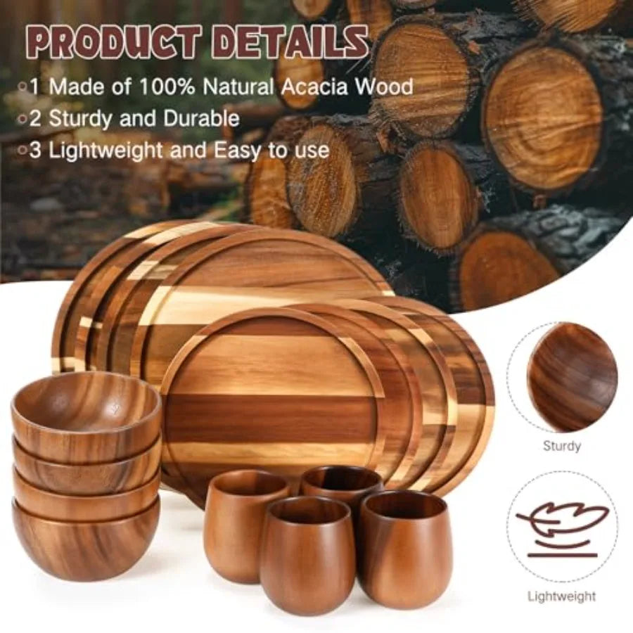 16 Pcs Acacia Wood Dinnerware Set Round Wooden Plates Solid Wooden Bowls and Cups