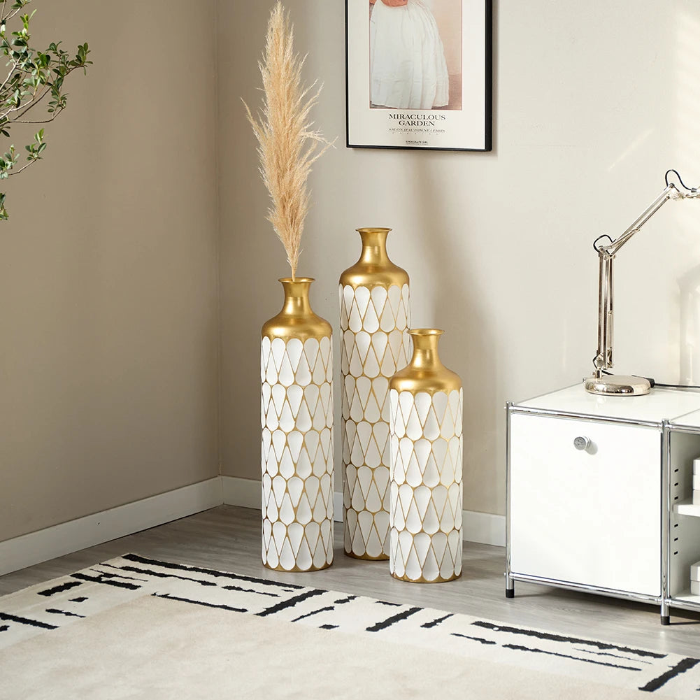 Large metal Drop-shaped Vase 3-piece Set, Modern Home  White and Gold