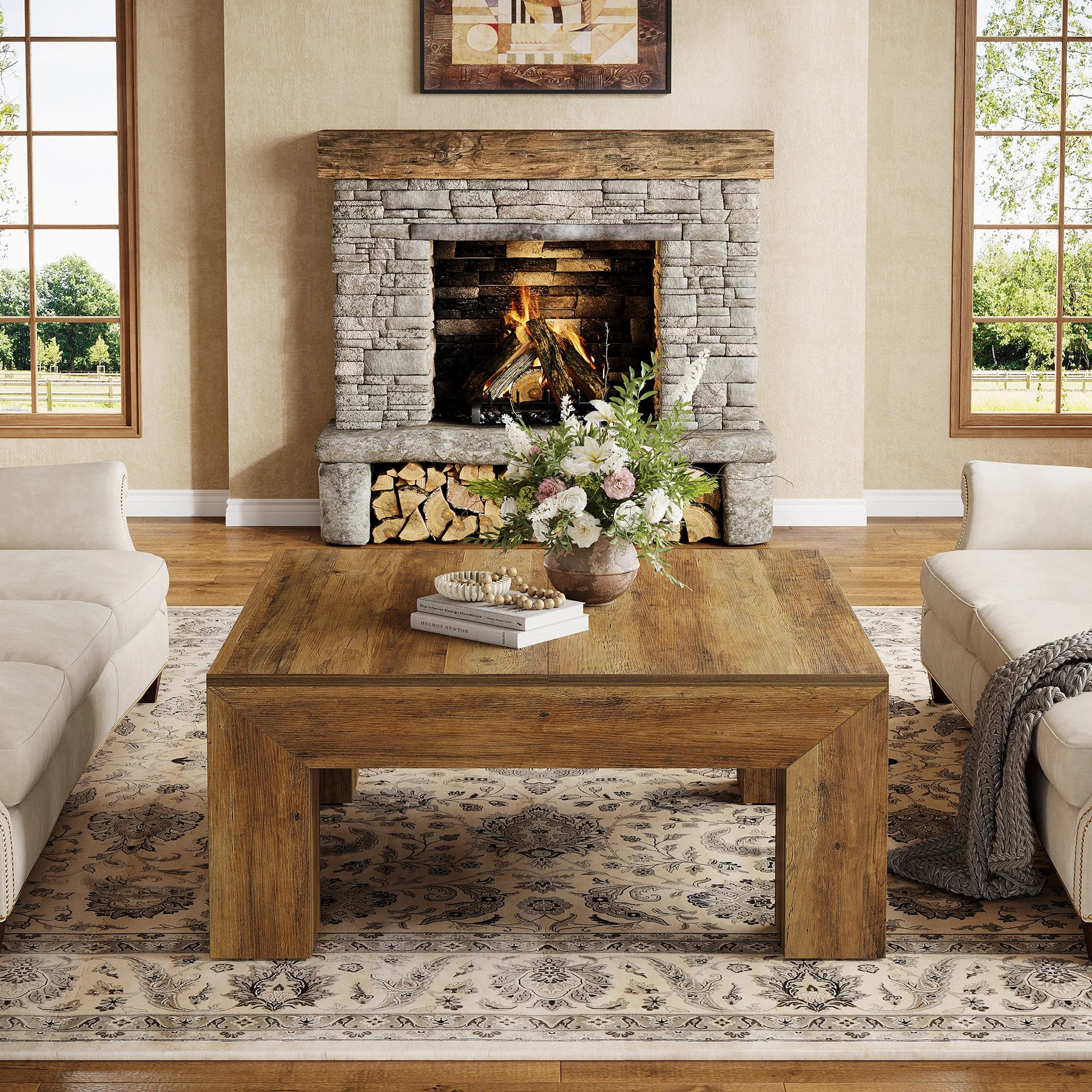 39.4-Inch Square Table Farmhouse All MDF Accent Center Cocktail Table with Sturdy Wooden Legs