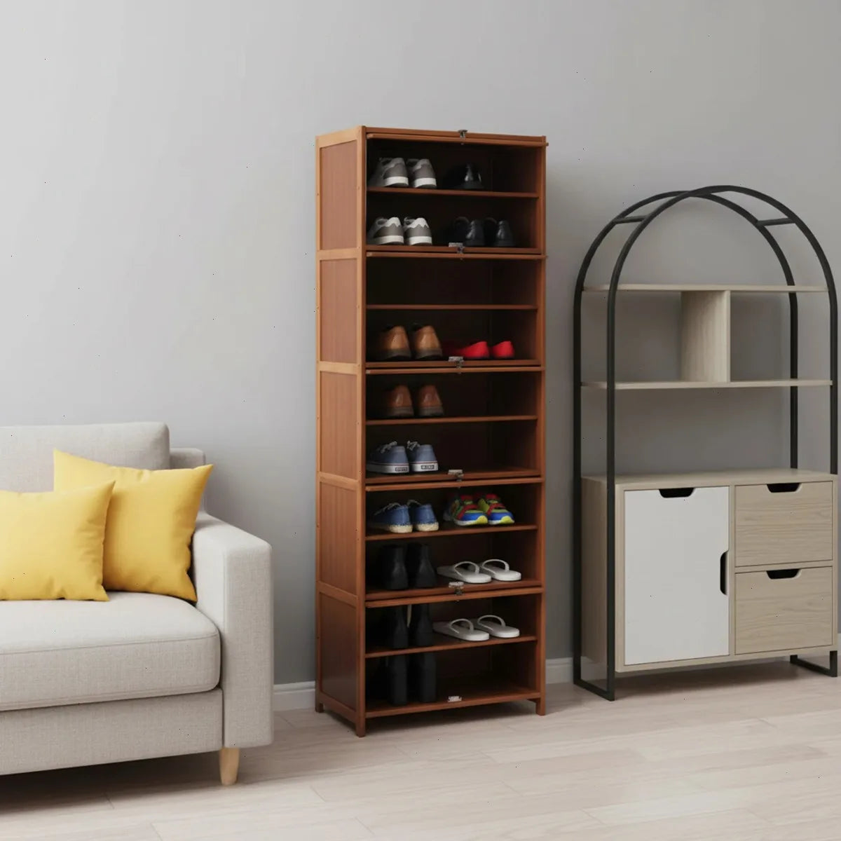 Shoe Cabinet, 11 Bamboo Tier Free Standing Organizer Shelf, Waterproof Storage,, Vintage Brown, Top Platform for Keys Bags Decor