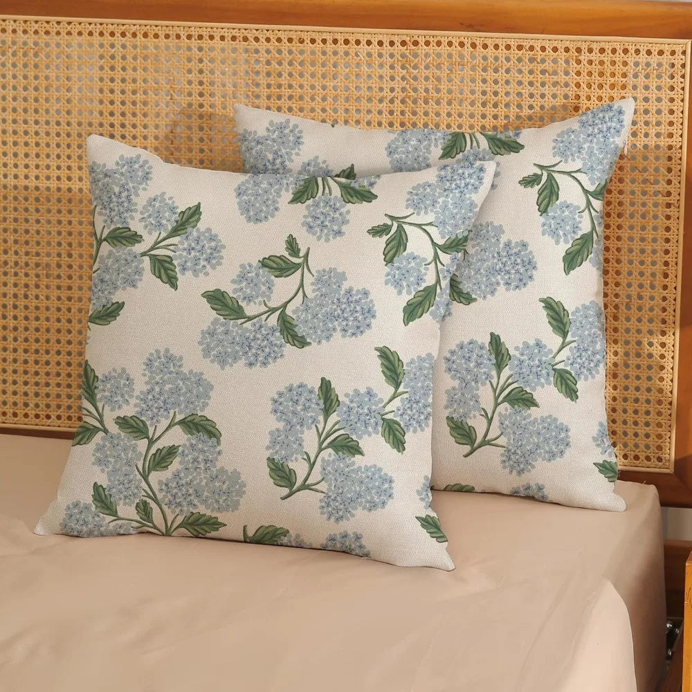 2 pk 18x18 Hydrangea Floral Pillow Covers Blue Green Linen