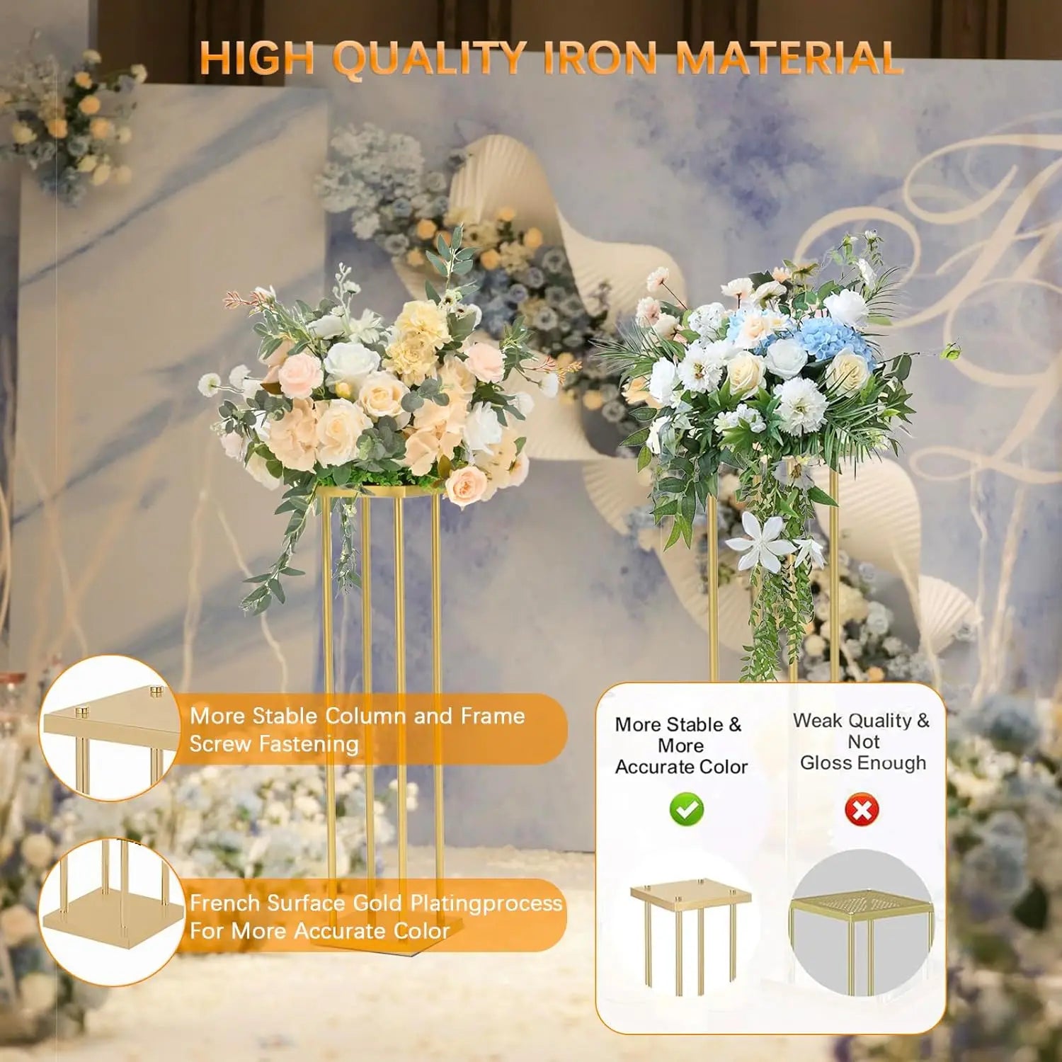 8Pcs Gold 23.6inch Flower Vases Rectangular Centerpiece Display