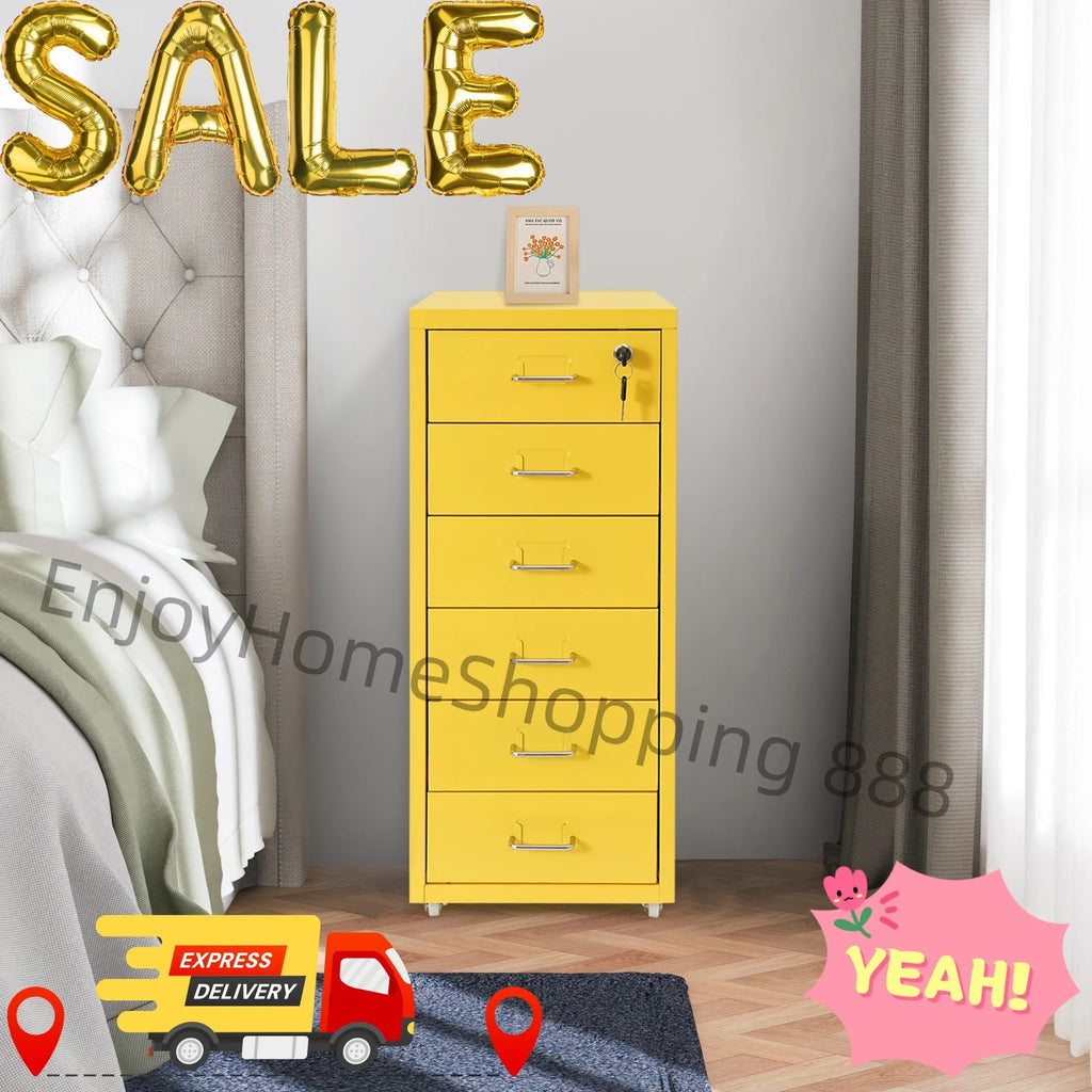6 Layer File Cabinet Metal Filing Cabinet Yellow Vertical File Cabinet With Lock Wheels Mobile Storage