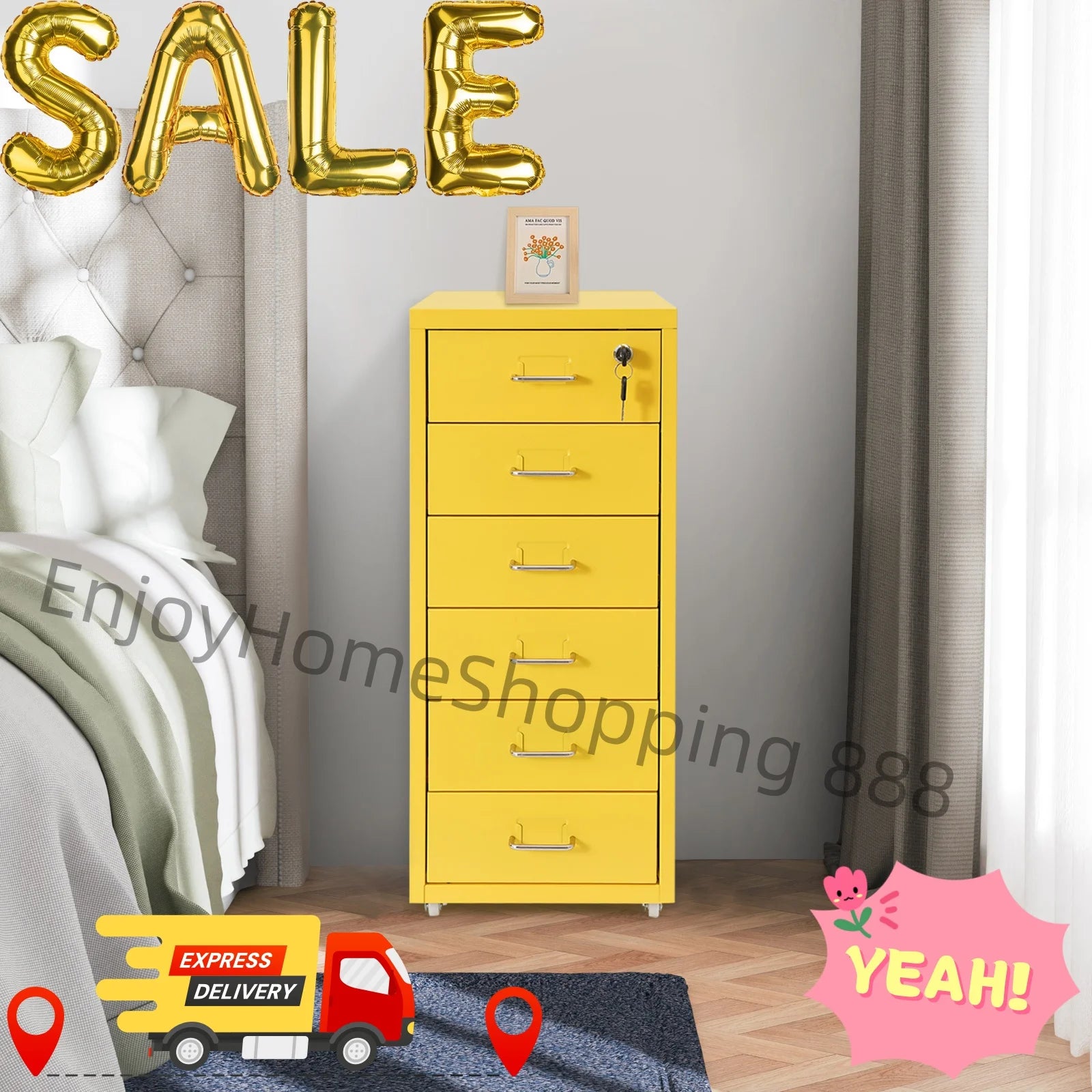 6 Layer File Cabinet Metal Filing Cabinet Yellow Vertical File Cabinet With Lock Wheels Mobile Storage