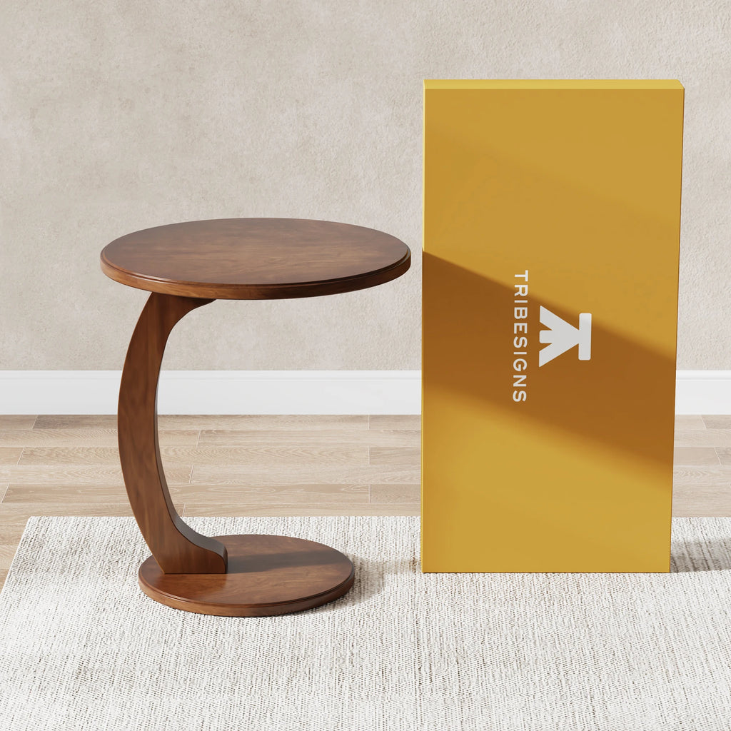 Round End Table, Wood C-Shaped Side Table,rer Mid-Century End Table, Retro Side Table