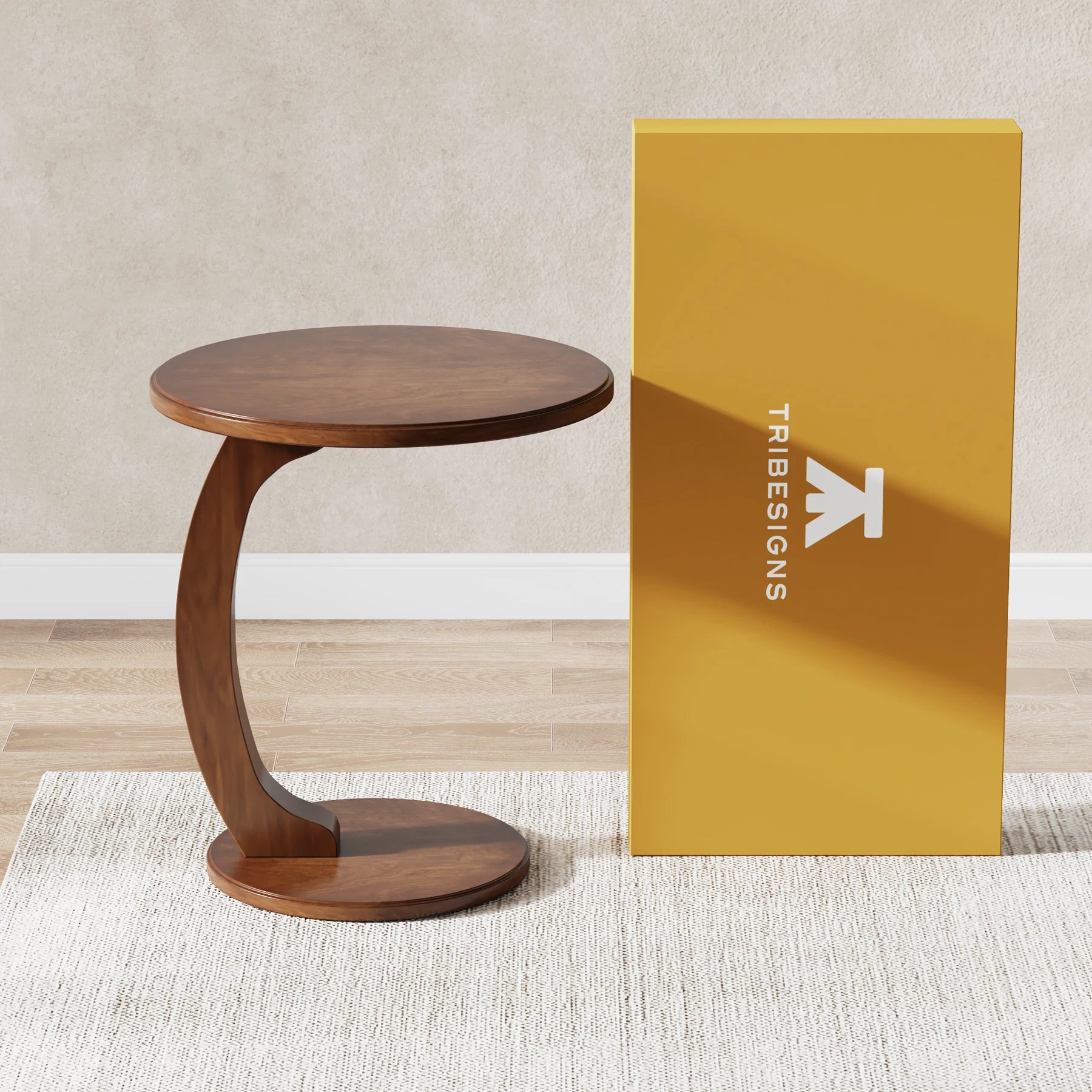 Round End Table, Wood C-Shaped Side Table,rer Mid-Century End Table, Retro Side Table