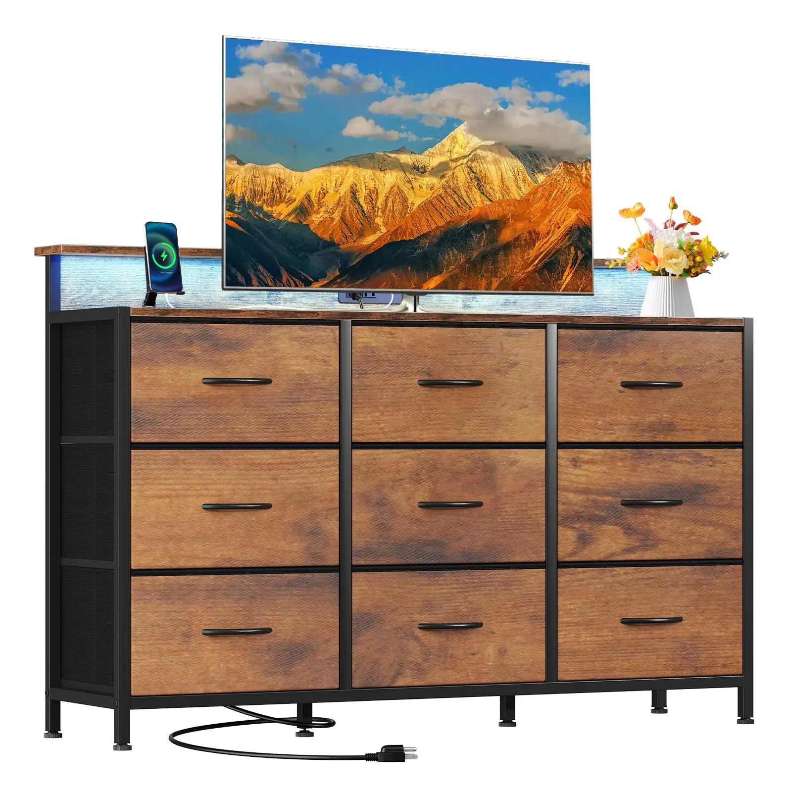 TV Stand Dresser with 9 Fabric Drawers Wood Top Media Console for 32-52 inch TV Stand with Storage