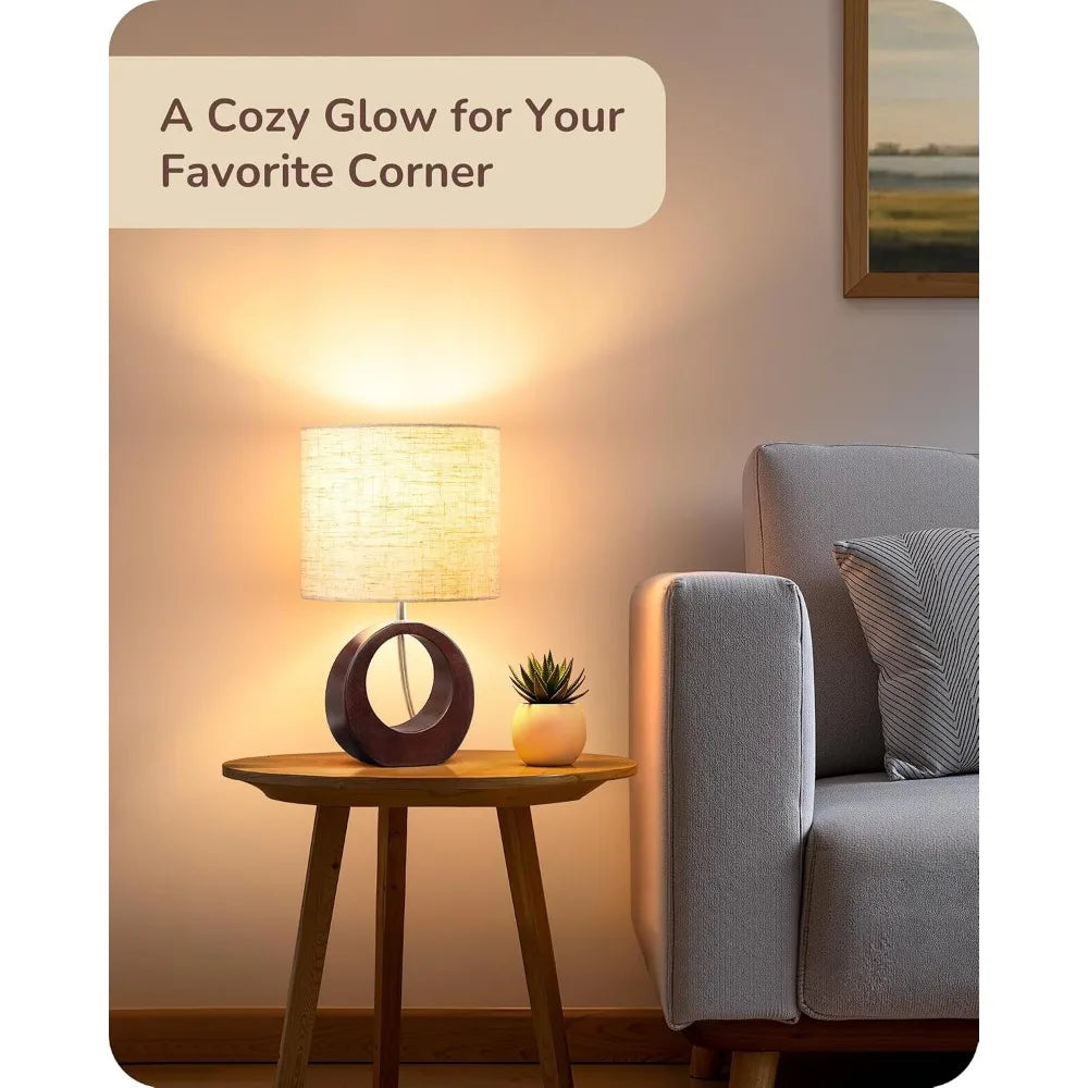 13.4" Small Wood Table Lamp, Modern Bedside with Beige Linen Shade and Switch, E26 Base