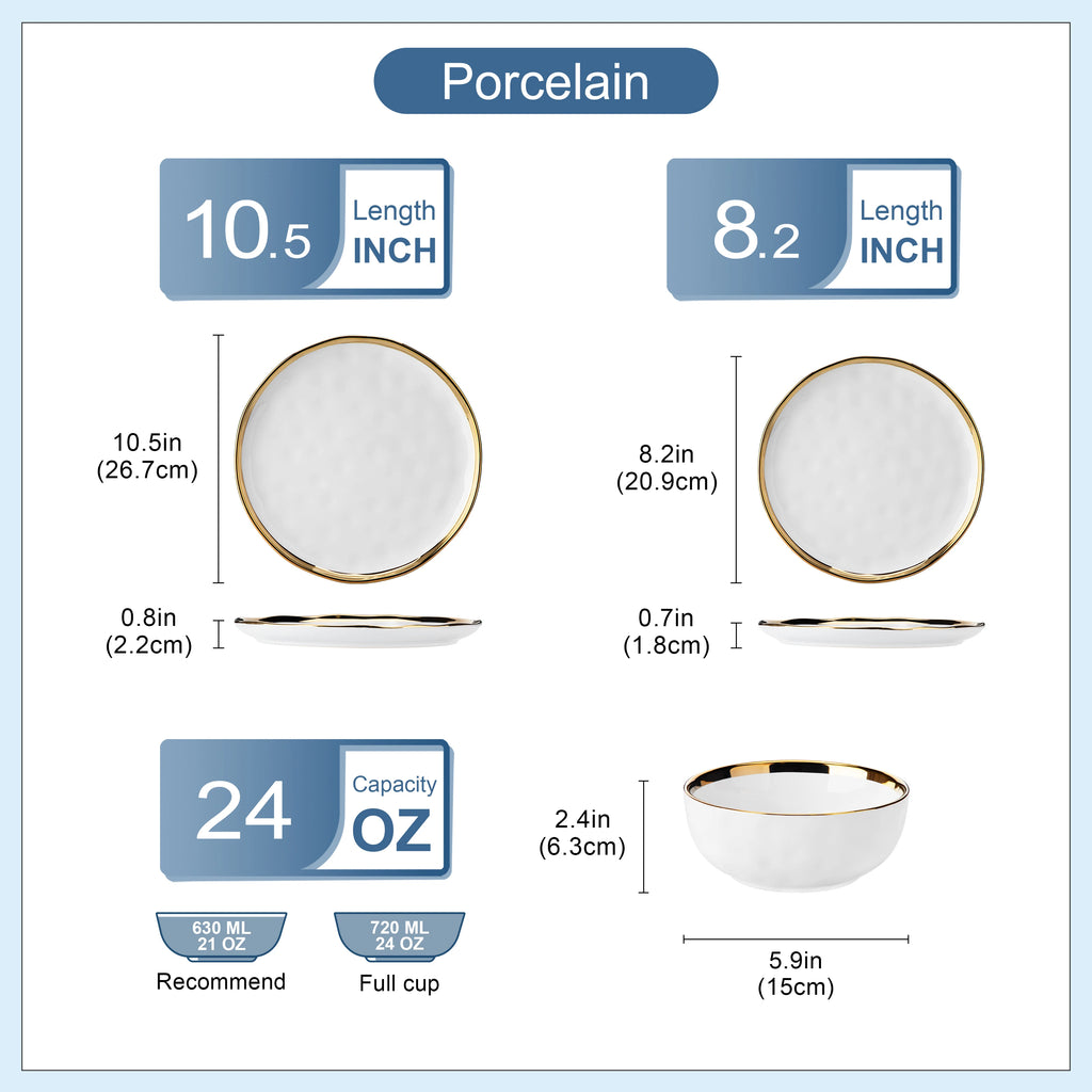 12/24 Piece Ceramic Porcelain White and Golden Rim Dinnerware Sets With 4/8 PCS Dinner Plate/Dessert/Cereal Bowl for 4