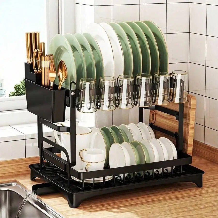 Stainless Steel Rust Proof Metal Dish Drying Rack 2 Tier Large Capacity  Automatic Drainage