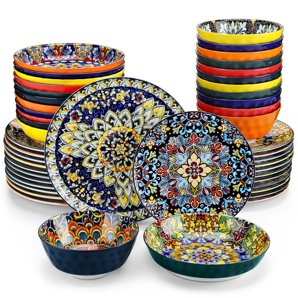 24 PCS Ceramic Dinnerware Set Porcelain Bohemian Style Dinner/Dessert Plate/Cereal/Pasta Bowl For 6