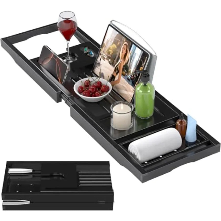 Foldable and Expandable Bamboo Bathtub Caddy Tray for Tub