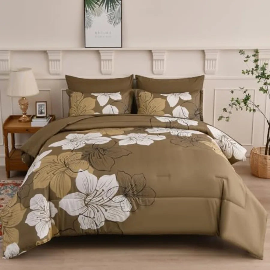 Floral Comforter Set Size, 7 Pieces Bed in a Bag Floral Comforter and Sheet Set, Soft Microfiber