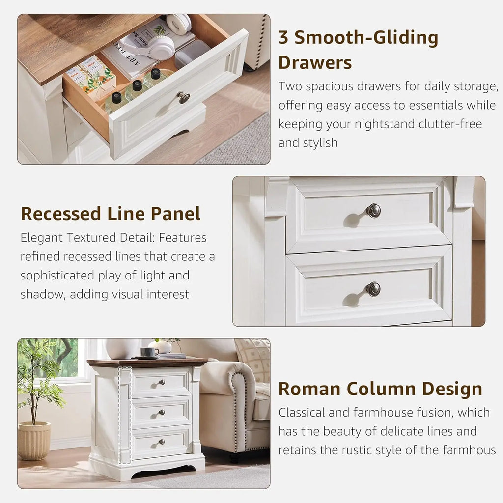 Farmhouse Wood 26" Tall Nightstand with Charging Station, 23.6"  3 Drawers Storage