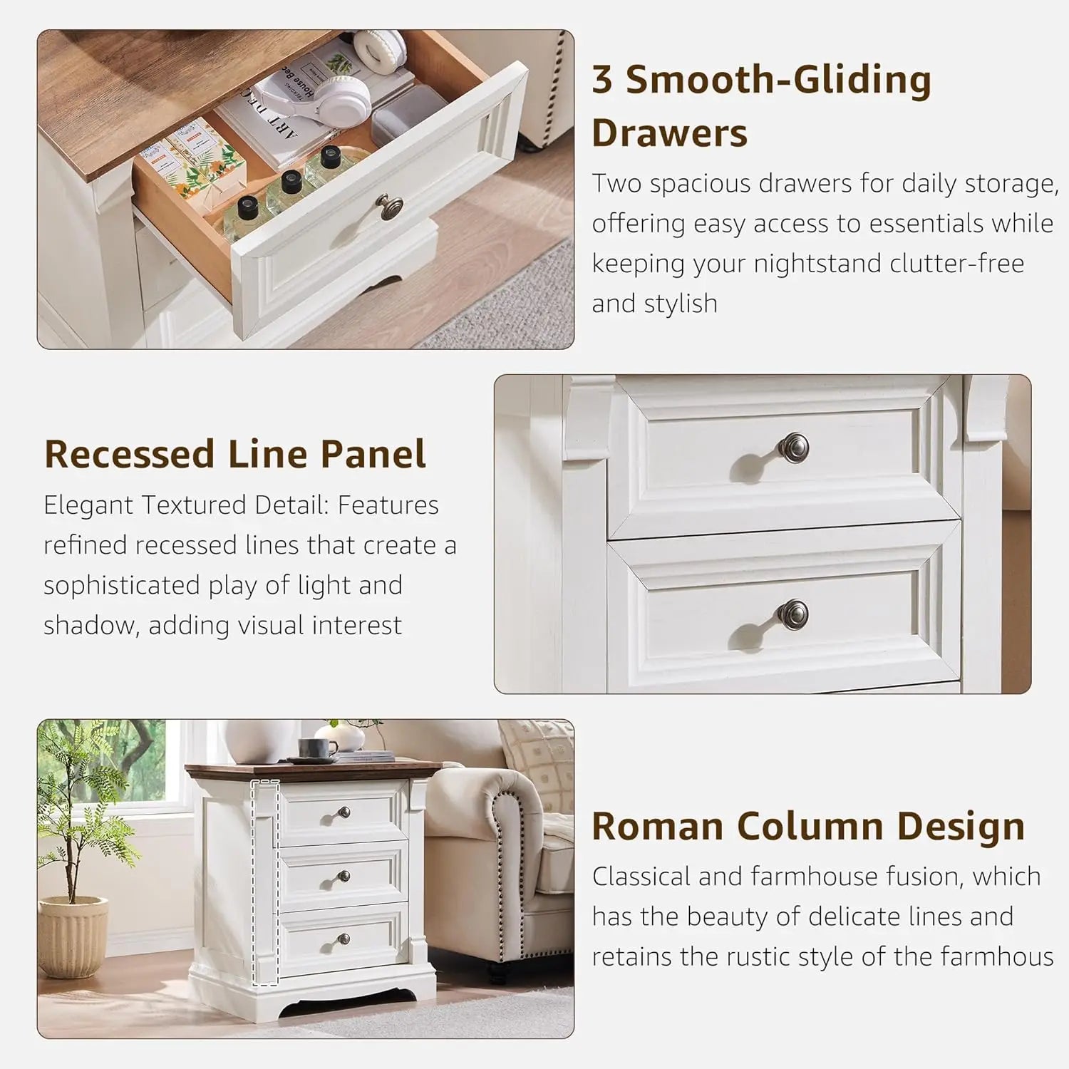 Farmhouse Wood 26" Tall Nightstand with Charging Station, 23.6"  3 Drawers Storage