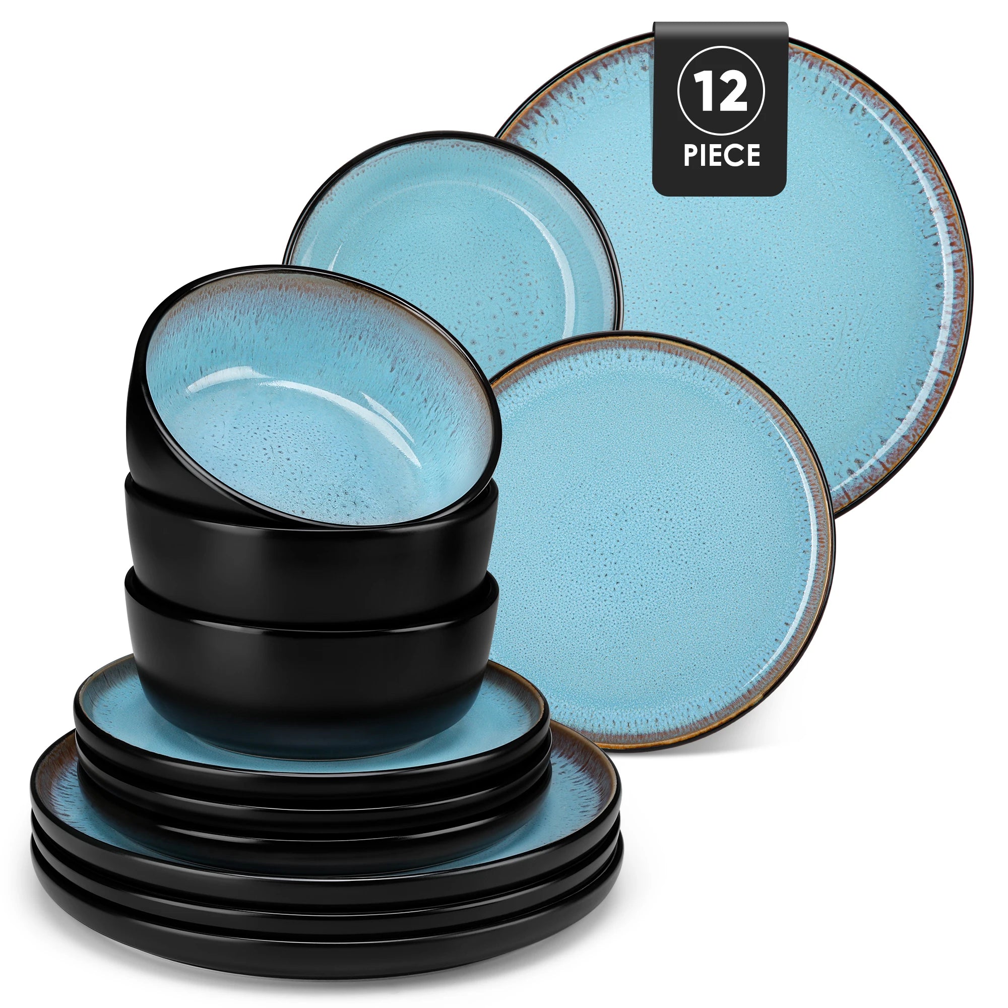 12/16 Piece Ceramic Dinnerware Set Matte Black Stoneware Plates Set with 4/6 Pcs Dinner Plate/Dessert/Bowl/Soup