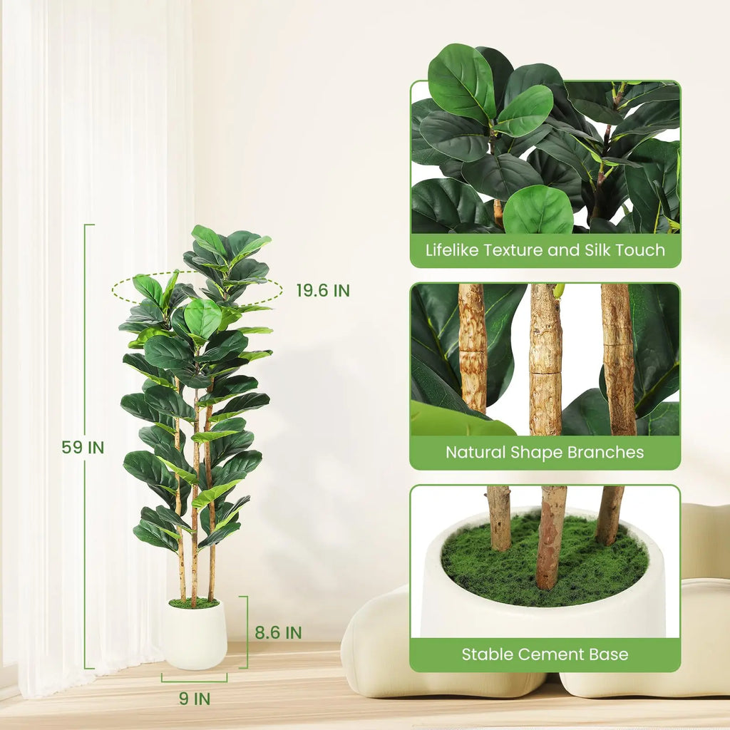 Artificial Fiddle Leaf Fig Tree with White Planter, 5/6/7 ft Natural Wood Trunk,
