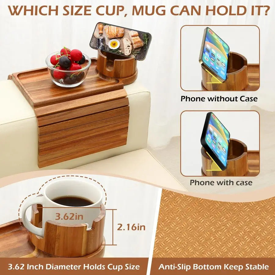 Acacia Foldable Wood Couch Armrest Table with 360 Rotated Phone Holder, 18.99  Anti-Slip