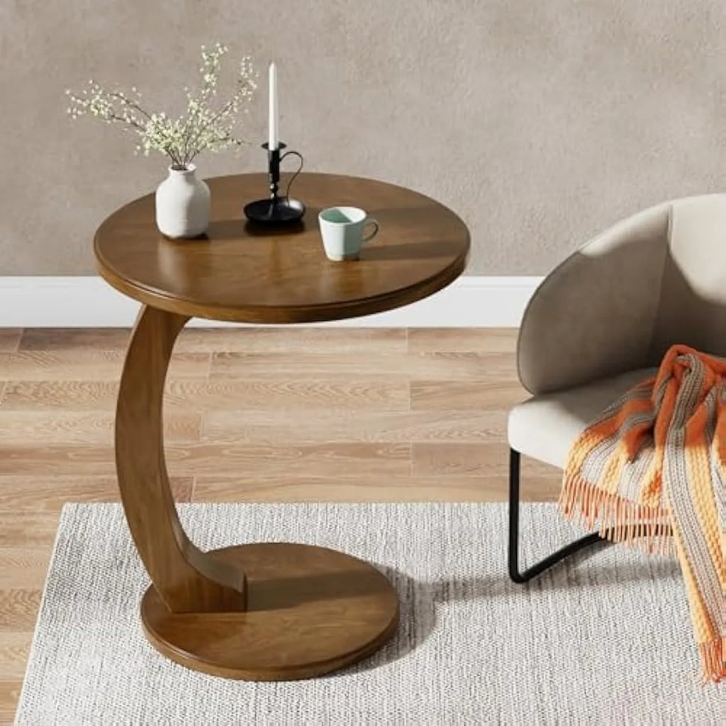 Round End/Side Table, Wooden C-Shaped End Table, Mid-Century Boho