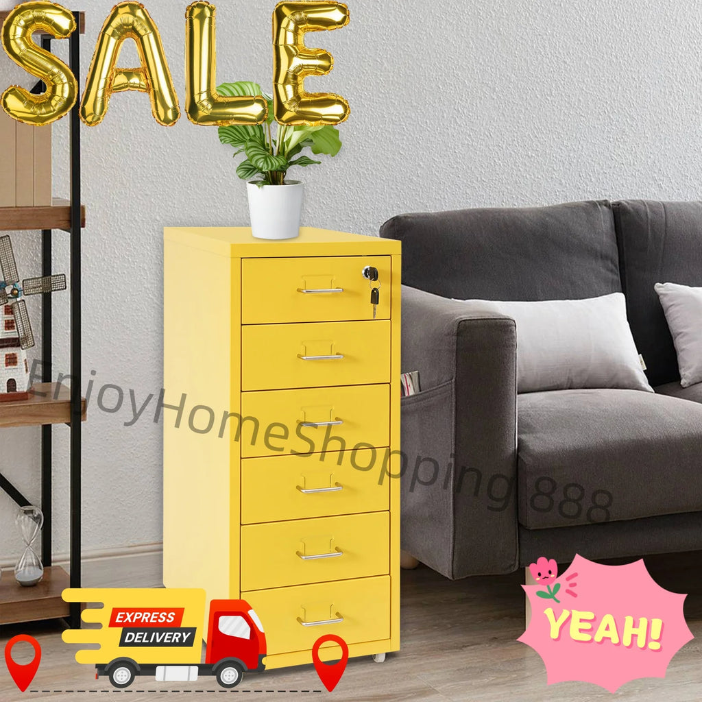 6 Layer File Cabinet Metal Filing Cabinet Yellow Vertical File Cabinet With Lock Wheels Mobile Storage