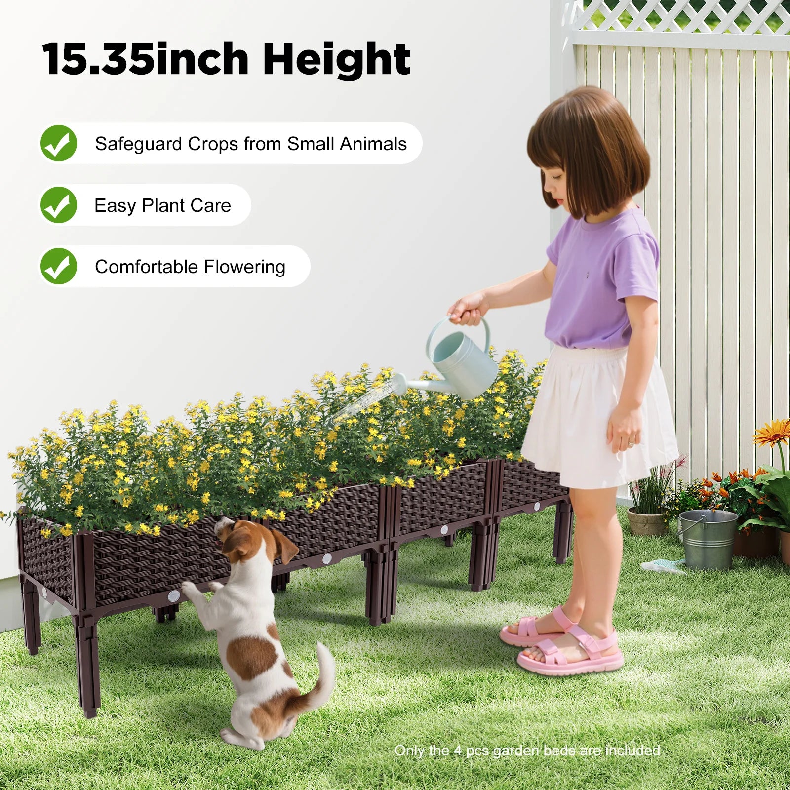 4-Raised Garden Bed Kit, Elevated Planter Box for Vegetables Herbs Flowers, with Drainage Holes, Outdoor Indoor Gardening
