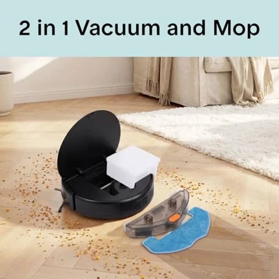 Automatic Robot Vacuum Cleaner and Mop Combo for pet hair and all floor types, black ABS plastic, app control with 3 cleaning modes
