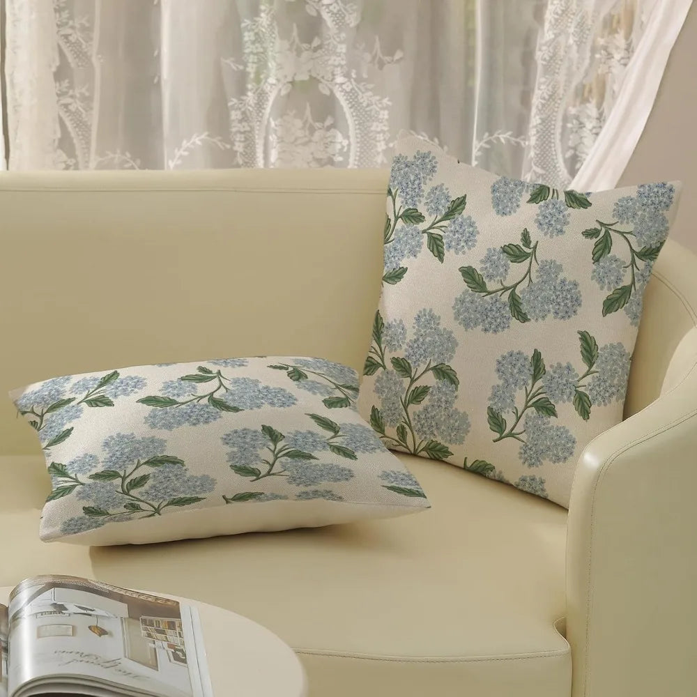 2 pk 18x18 Hydrangea Floral Pillow Covers Blue Green Linen