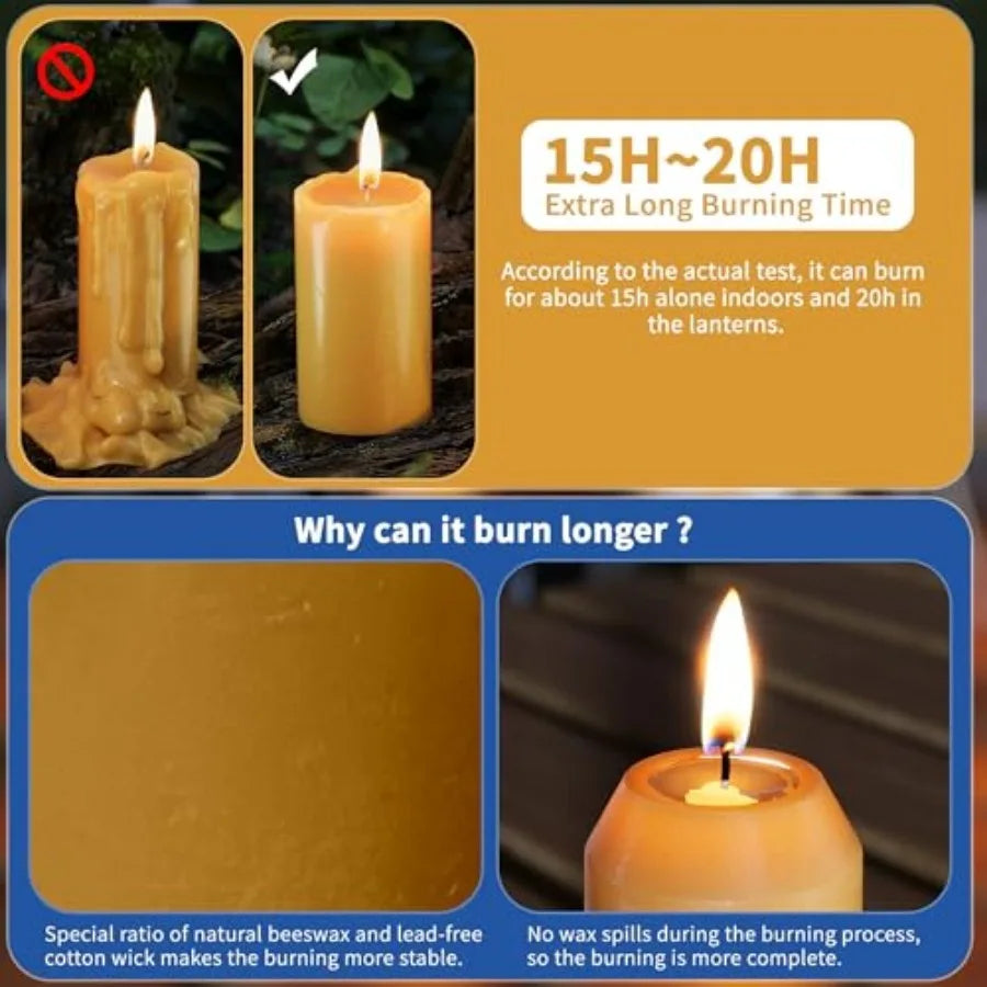 Pack 15H+  3" Natural Beeswax Candles Emergency Long Burning [18H+ Inside Candle Lanterns],