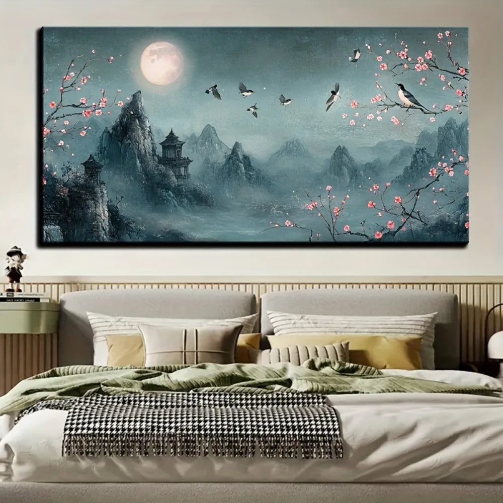 Chinese traditional flower full moon mural, canvas poster i1.5 inch thick pine solid wood frame