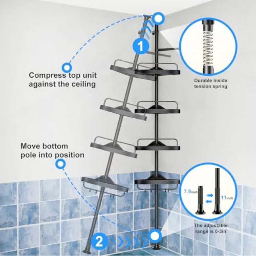 Corner Shower Caddy Tension Pole: Adjustable Stainless Steel  4 Tier Shelf