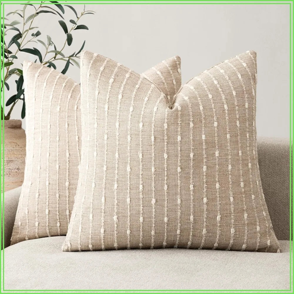 Set of 2 Boho Striped Throw Pillow Covers 20x20 Inch Textured Boucle Cushion