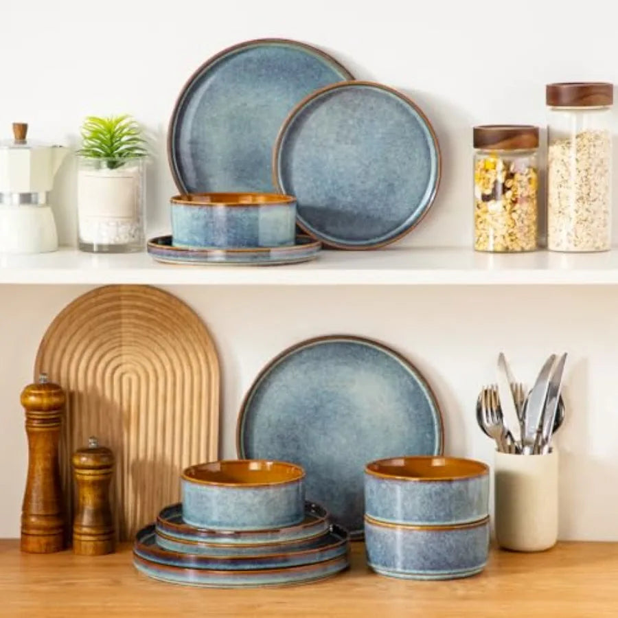 12 Pieces Stoneware Plates and Bowls Sets for 4, Reactive Glaze Dishes Set for Kitchen, Dishwash