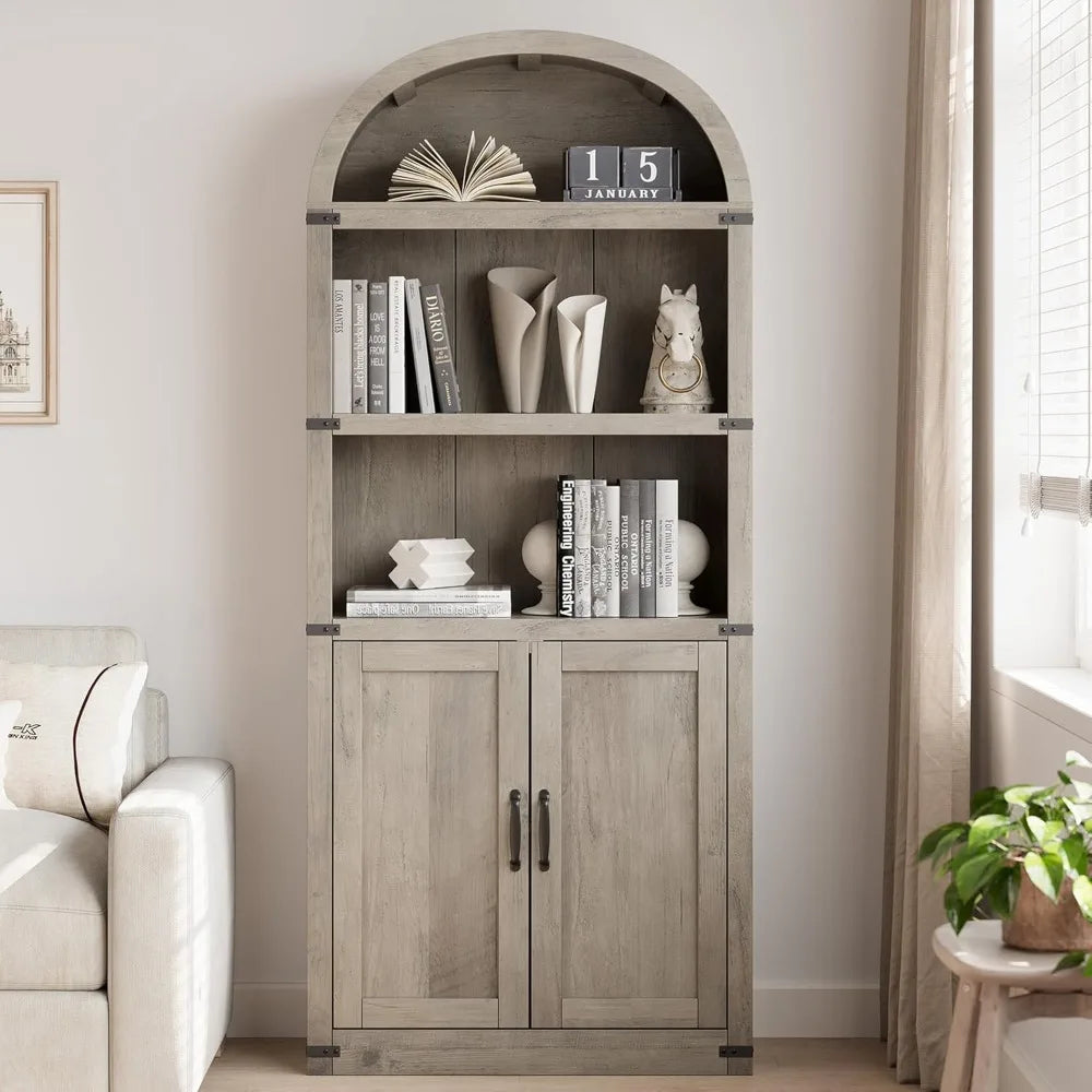 Tall Wooden Bookcase with Doors Arched Bookshelf 71.65in  Farmhouse Cabinet