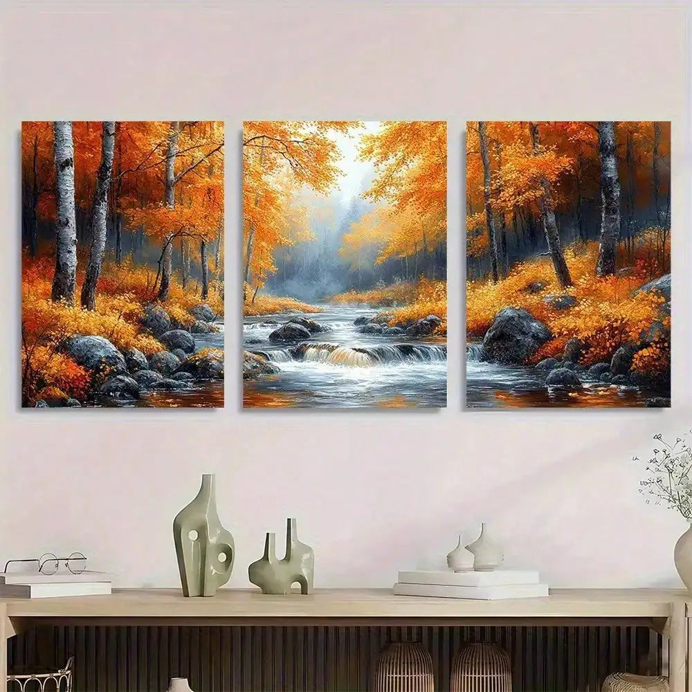 2D Flat, 3pcs Set Vibrant Autumn Forest Canvas Wall Art - Golden-Yellow, Orange, Red, Brown, Green & Golden Leaf Landscape With Misty Mountains, River & Rocks - Wrapped Canvas Prints With Wooden Frame