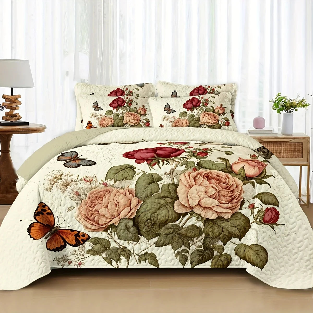 2/3pcs Floral Lightweight Comforter Quilt Set Queen King Twin Full Size Boho Soft Breathable Microfiber Reversible