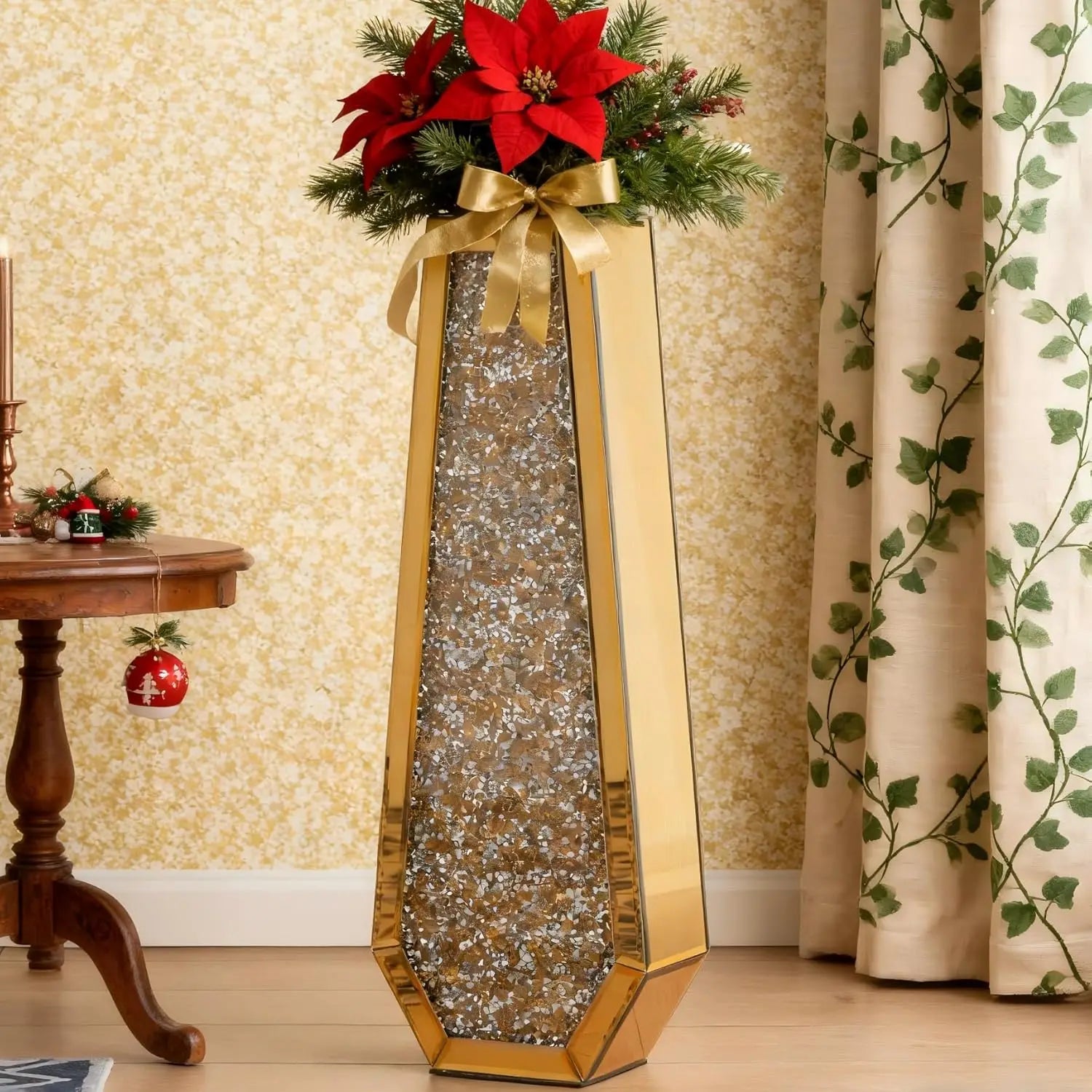 24 Gold Floor Vase Crushed Diamond Tall Glass Vase for Floor Luxury Crystal Mirrored Decorative Flower Vase for Pampas Grass