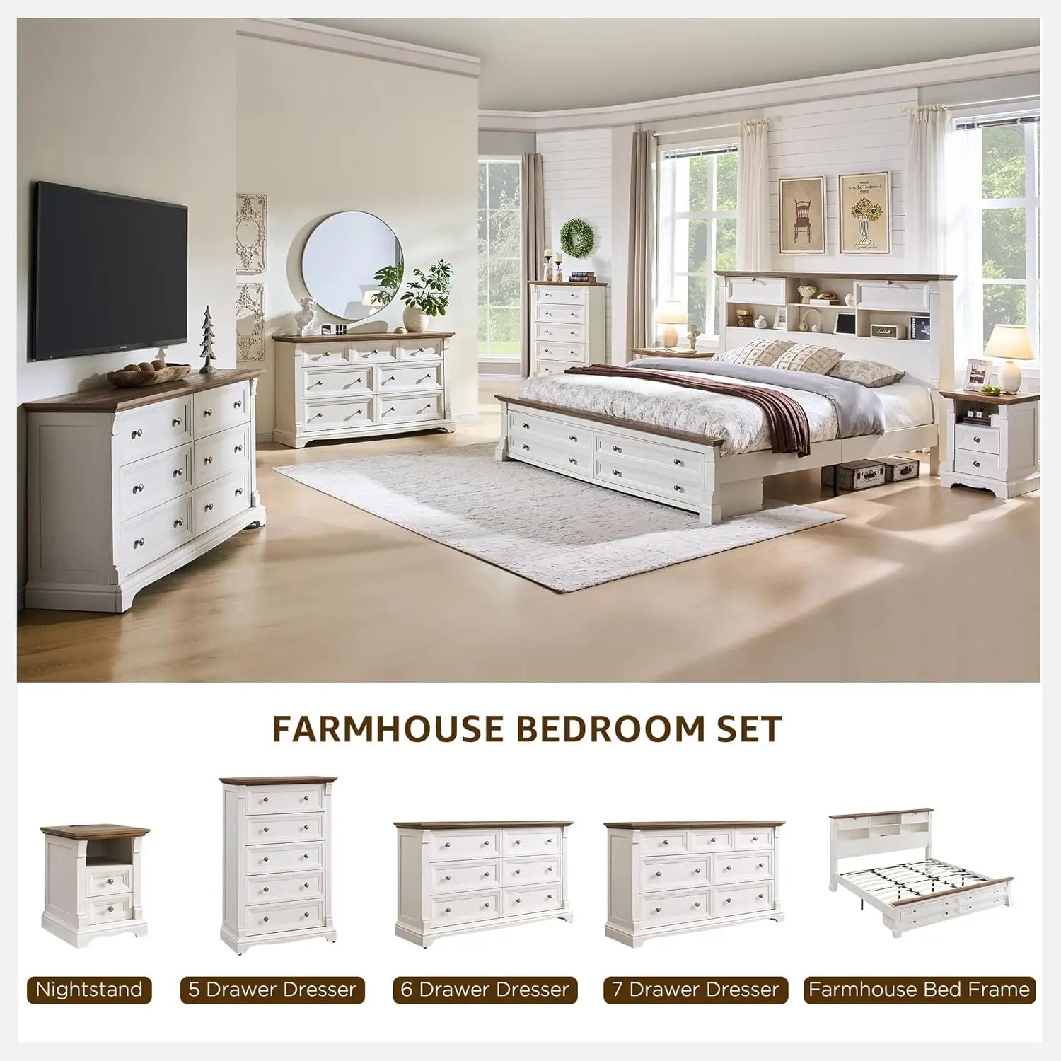 Farmhouse Wood 26" Tall Nightstand with Charging Station, 23.6"  3 Drawers Storage