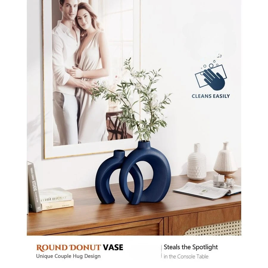 Vase Set of 2 Donut Navy Ceramic Vases