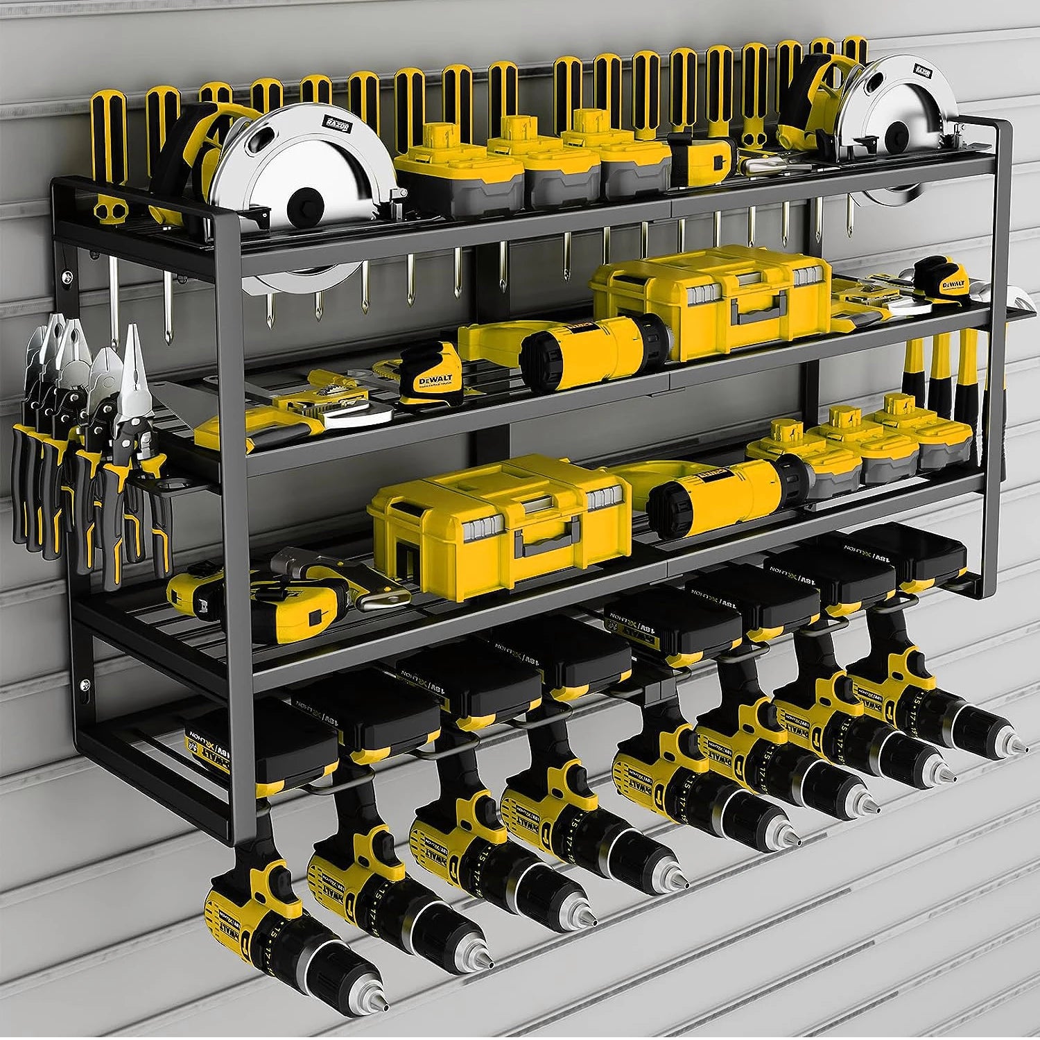 Power 8 Tool Storage Rack 4 Layers Organizer- Floating Shelf Wall Mount Heavy Duty Iron Drill Holder for Basement Workbench