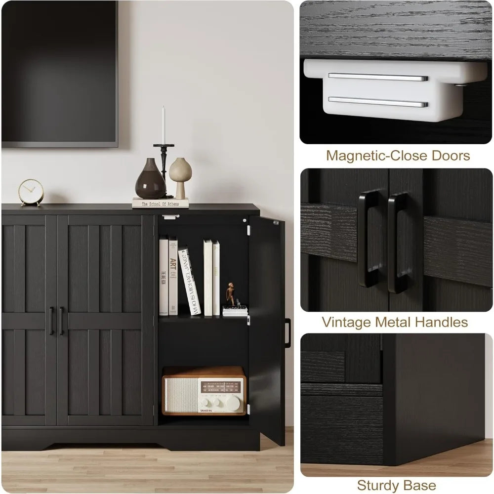 Modern Farmhouse Buffet Cabinet with Storage, 42" Large Sideboard  3 Barn Doors