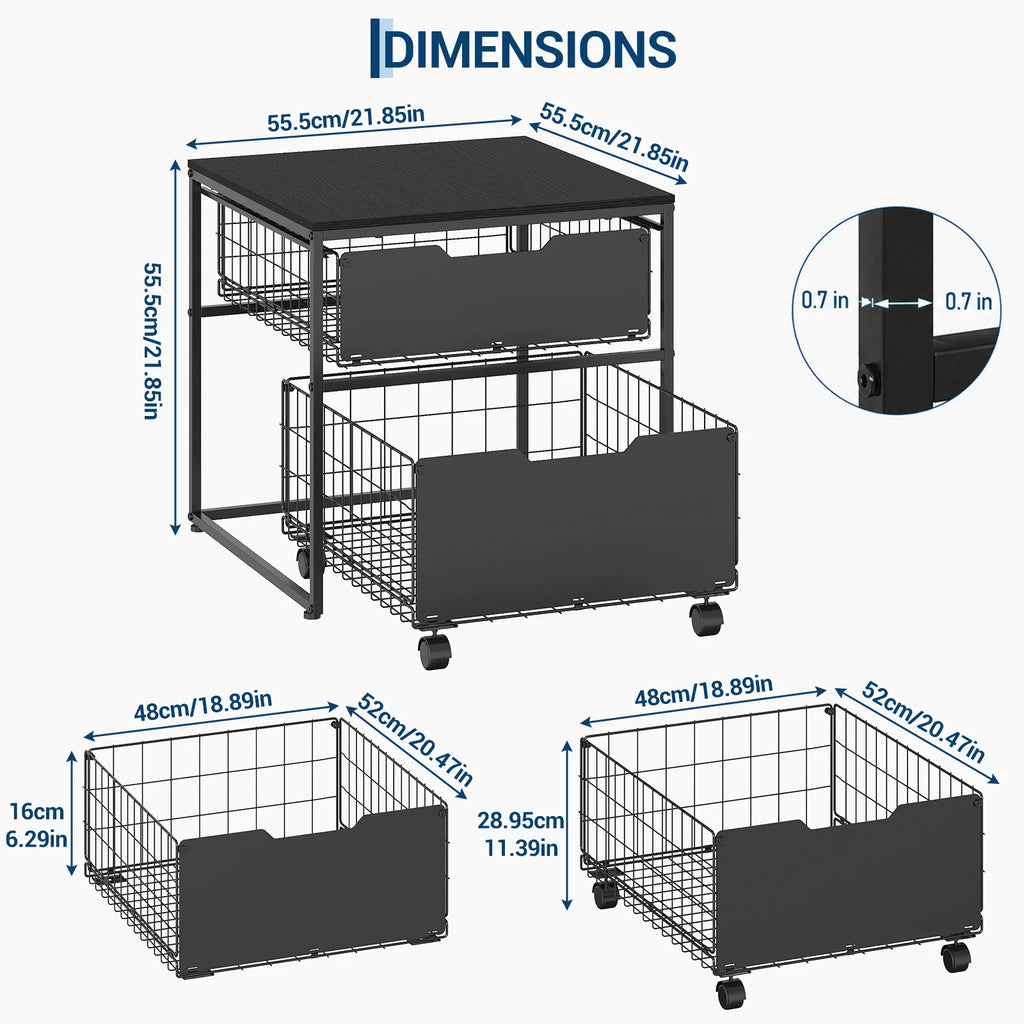 22x22IN Small Fridge Stand with Metal Storage Drawer Basket, Black | Table for Mini Fridge with Steel Frame and 4 Wheels, 300LBS Compact, Multi-Functional