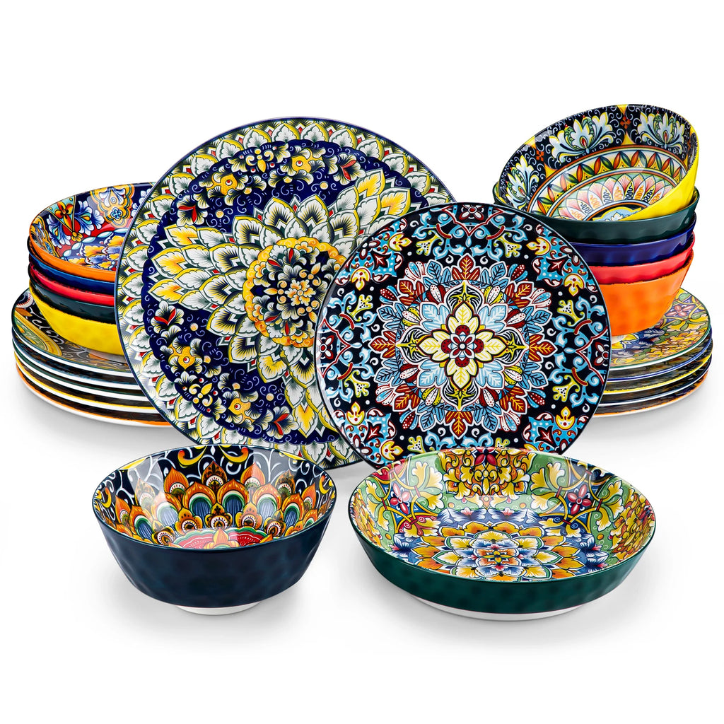 24 PCS Ceramic Dinnerware Set Porcelain Bohemian Style Dinner/Dessert Plate/Cereal/Pasta Bowl For 6