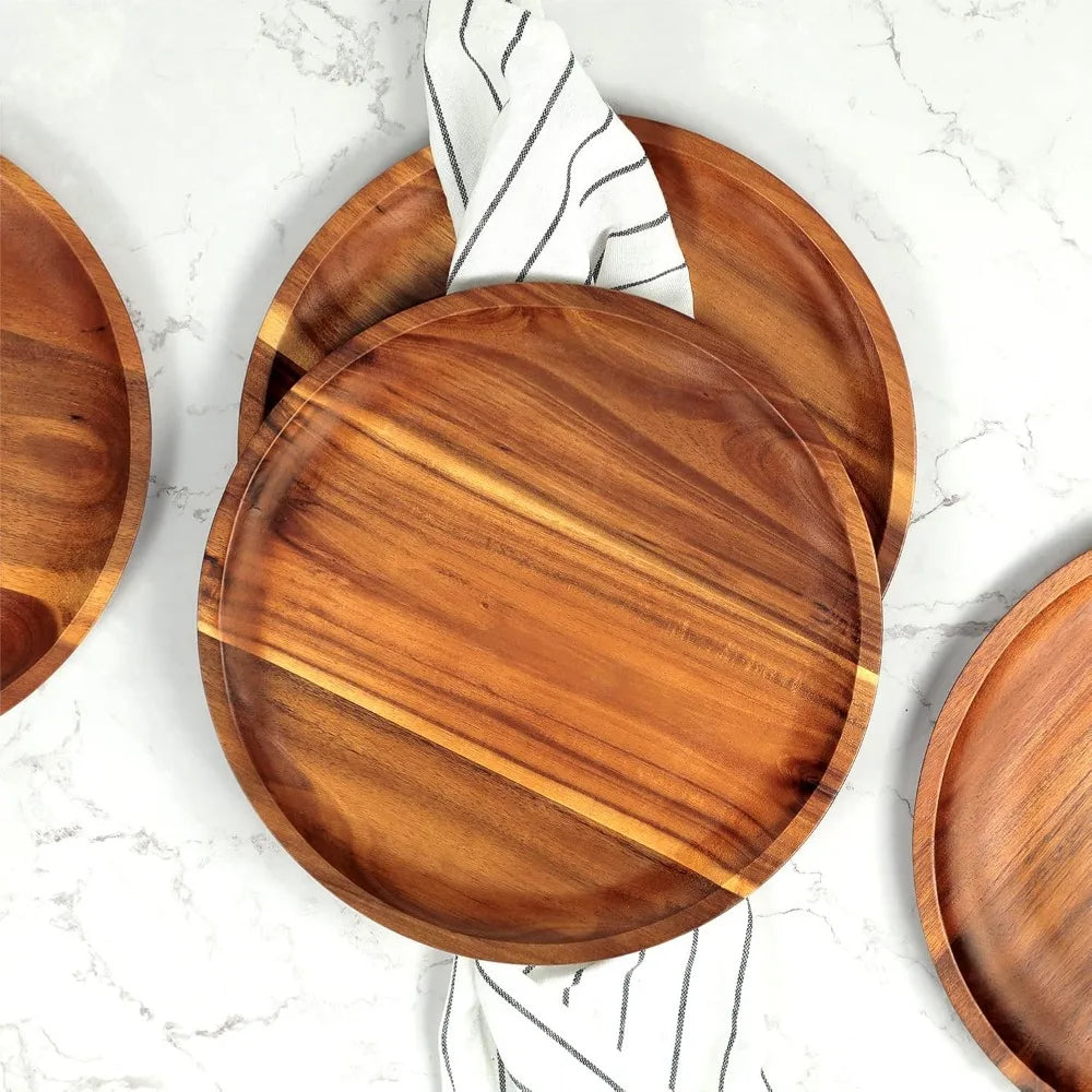 Acacia Wooden Plates Set of 4, 11 Inch Round Dinner Plates, Natural Unbreakable Lightweight