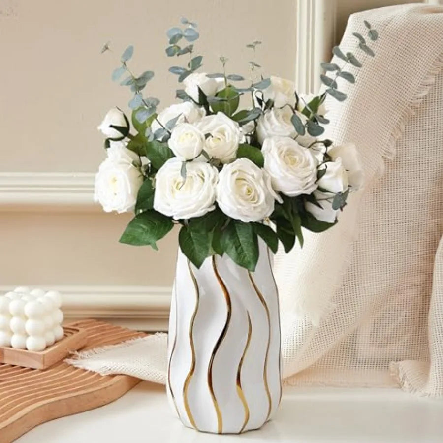 White Vertical Stripe Ceramic Vase for Home Decor