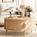 Round Oak Wood Table, Lift Top with Storage, Fluted Drum Mid Century Modern
