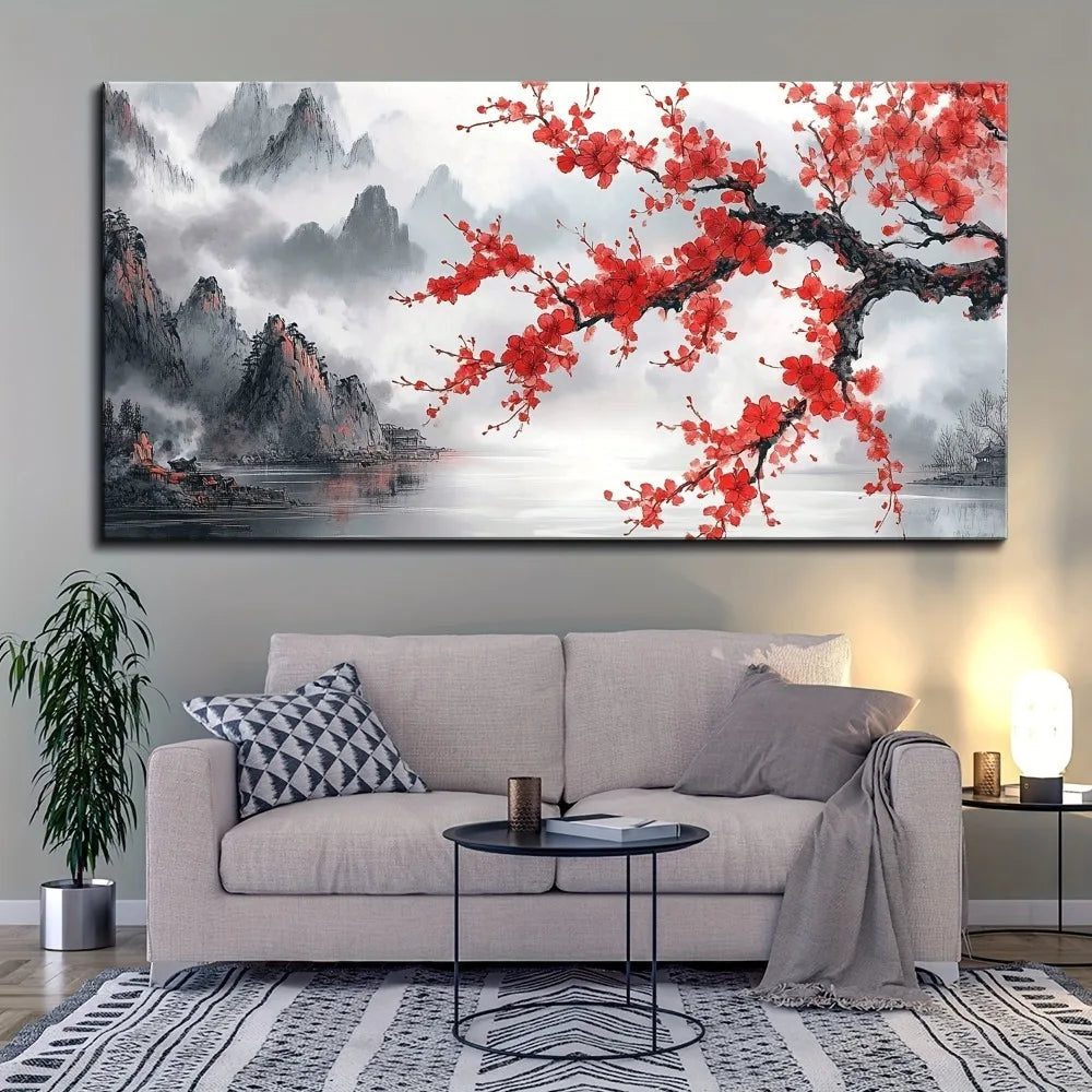 1.5 inch thick pine solid wood frame, Chinese "pink plum" landscape mural,