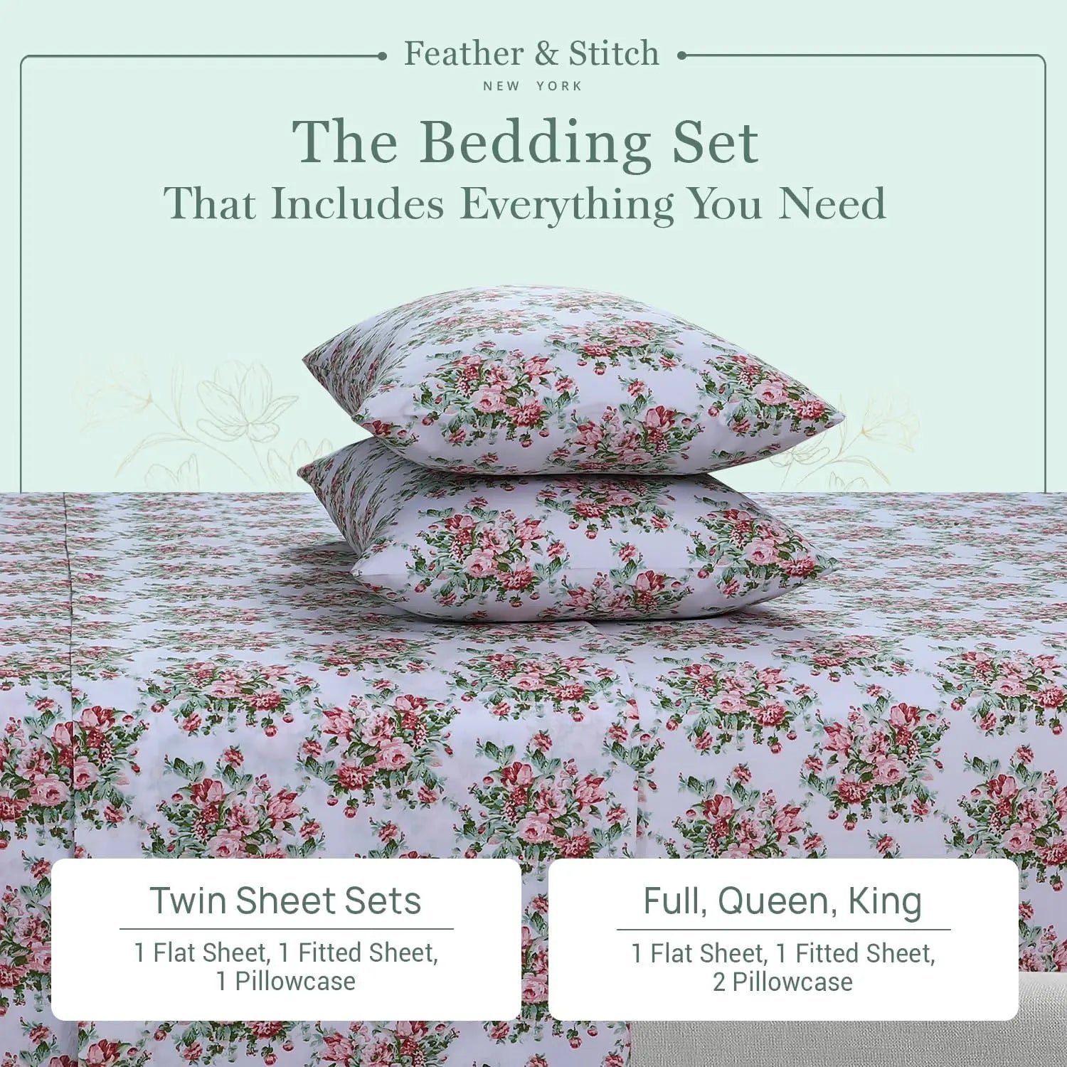 Soft 100% Cotton Percale Sheets, 300 Thread Count Bed Set with 16" Deep Pocket, Cooling Breathable Bedding for All Seasons, Twin