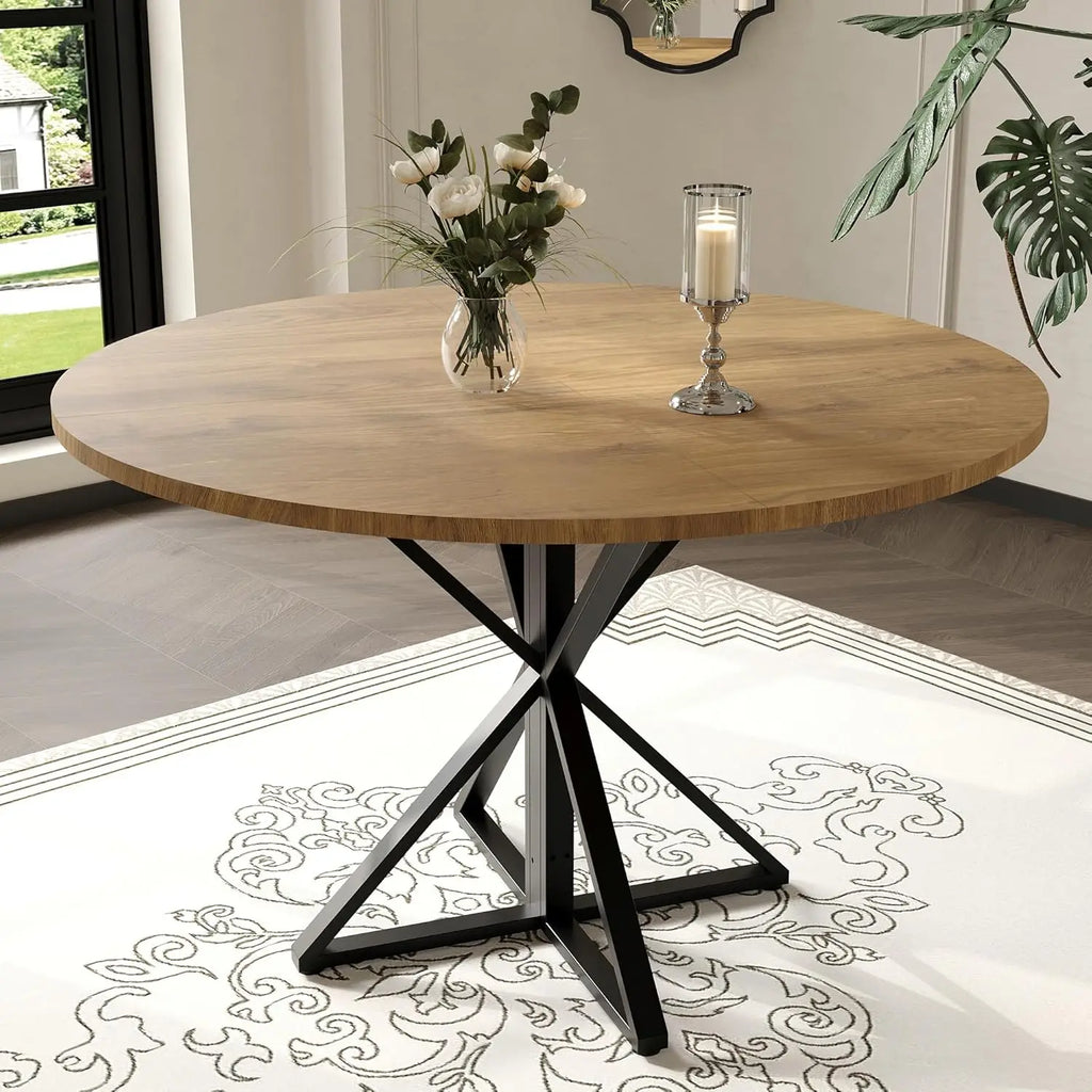 47" Round Dining Table for 4, Wood Top & Heavy-Duty Metal Pedestal
