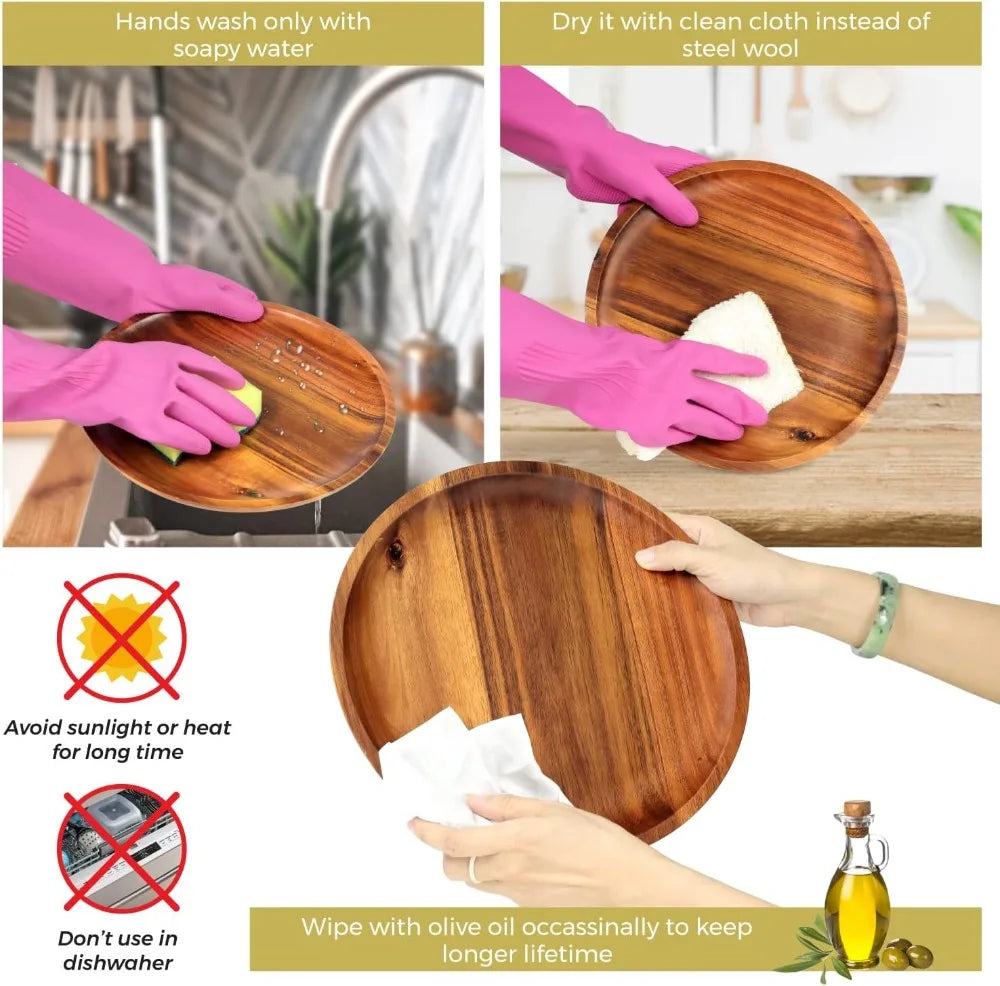 Acacia Wooden Plates Set of 4, 11 Inch Round Dinner Plates, Natural Unbreakable Lightweight