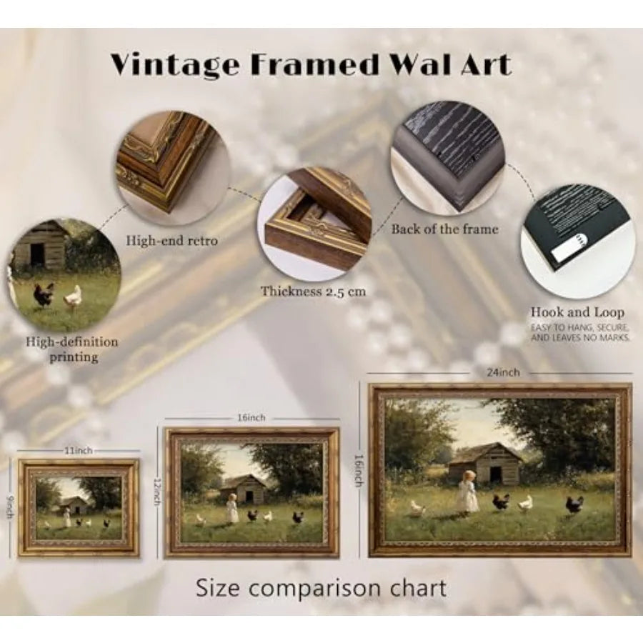 Vintage Gold Framed Farmhouse canvas Chicken Wall Art Retro Country Farm Girl and Chicken